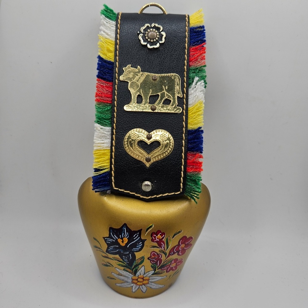Vintage Swiss Alpine Cowbell Brass Bell Hand Painted Flowers Leather Strap Cow